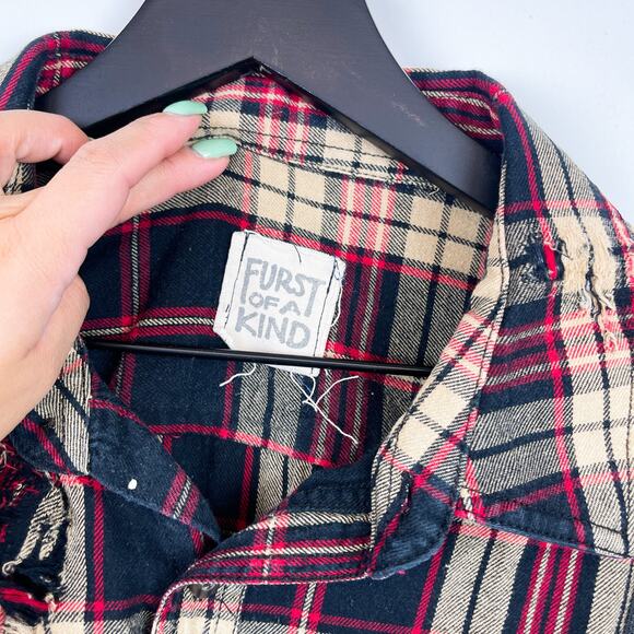 Furst of A Kind Size XL 46-48 Mens Button Down Plaid Zipper Shirt Red Distressed - Picture 2 of 9